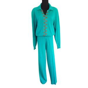 Vintage 80s Collared Sweater + Straight Leg Knit Pants Lounge Set Aqua Size L/XL